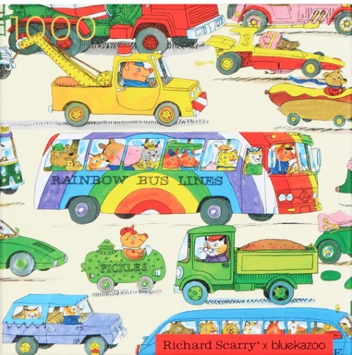 A colorful, busy illustration featuring a whimsical collection of animal-driven vehicles and buses.