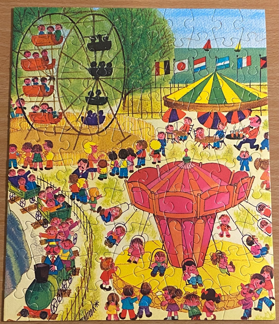 Colorful illustration of a vintage amusement park scene with rides, a train, and children playing.