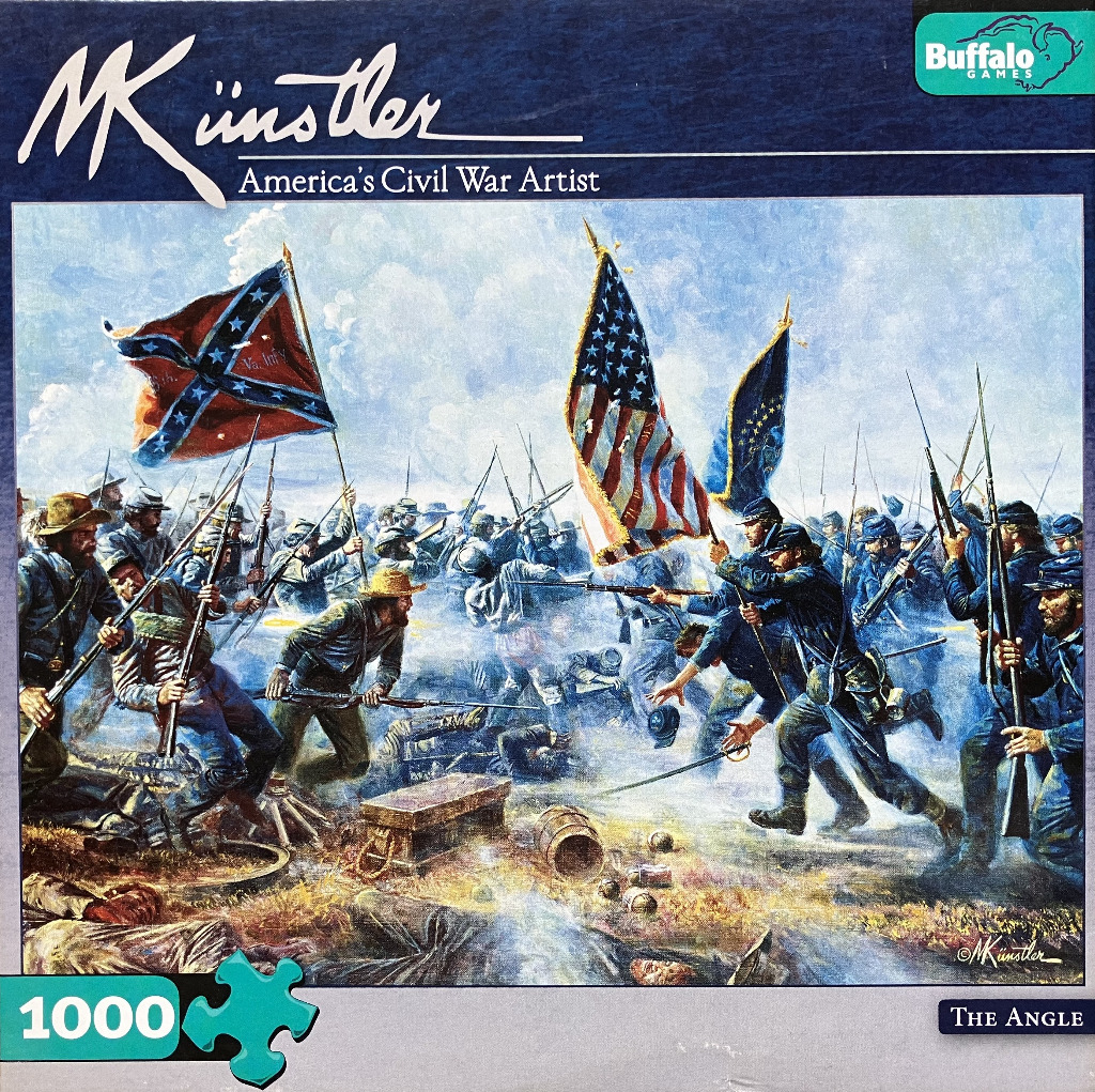 A realistic oil painting depicting a chaotic American Civil War battlefield scene titled The Angle.