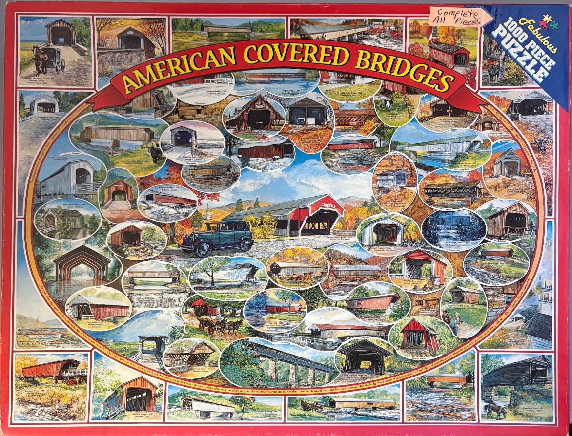 A montage of numerous American covered bridge illustrations arranged around a central painting of a vintage car.