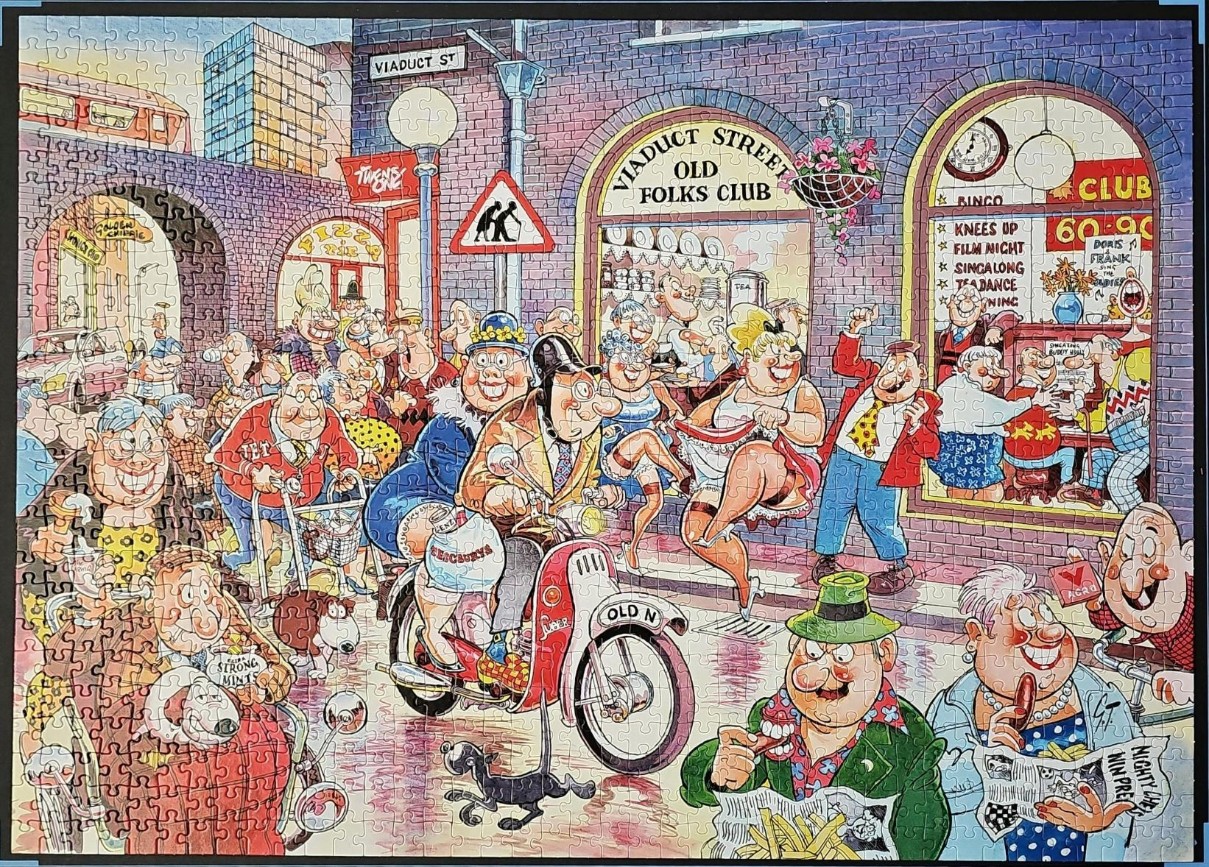 Humorous illustration of elderly characters on a busy street, with a vibrant red scooter and pink flowers.
