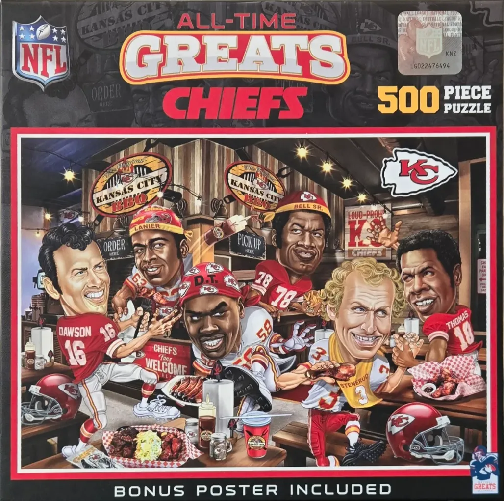 Caricature illustration of famous Kansas City football players enjoying barbecue in a restaurant.