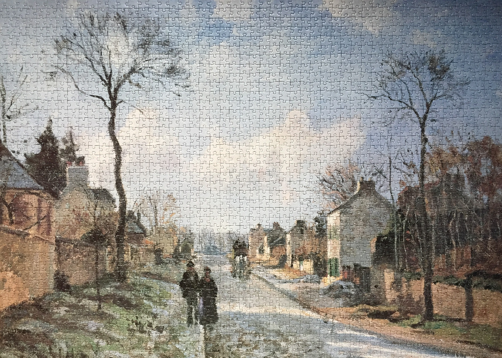A 19th-century oil painting of a quiet village street with two people walking in the foreground.