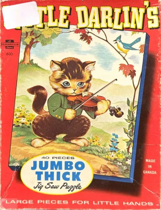 Illustration of a brown tabby kitten playing a miniature violin in a sunny outdoor meadow.
