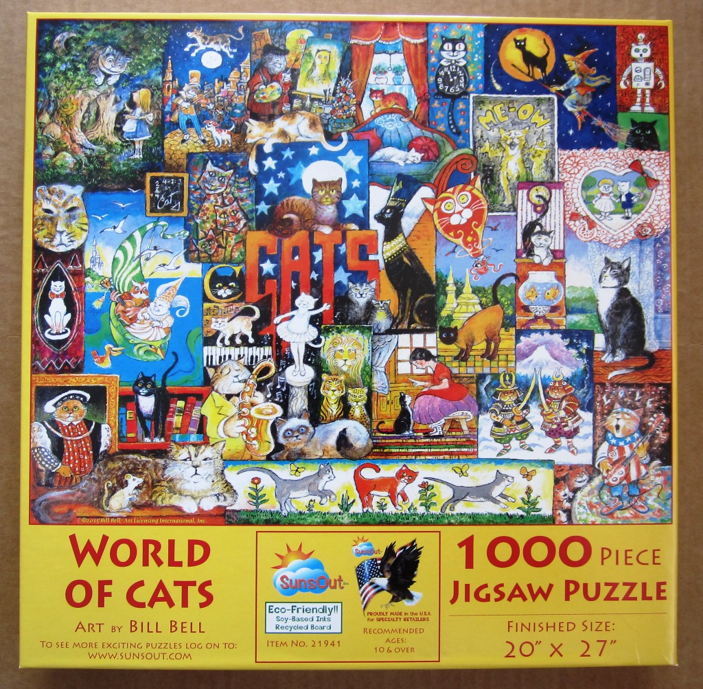 A whimsical collage of dozens of artistic illustrations of cats in various styles, costumes, and settings.