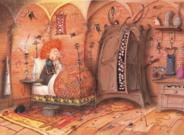 A whimsical illustration of a red-haired woman sitting up in a cluttered bedroom filled with curious creatures.