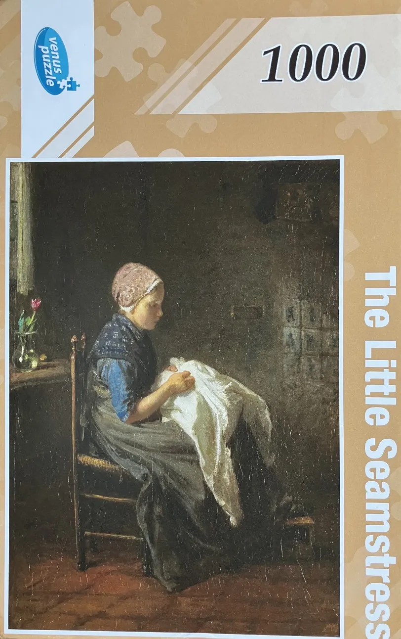An oil painting of a young woman in a cap sewing white fabric by a window.