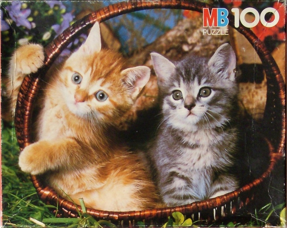 A ginger tabby kitten and a grey tabby kitten sitting inside a brown woven basket set in a garden.