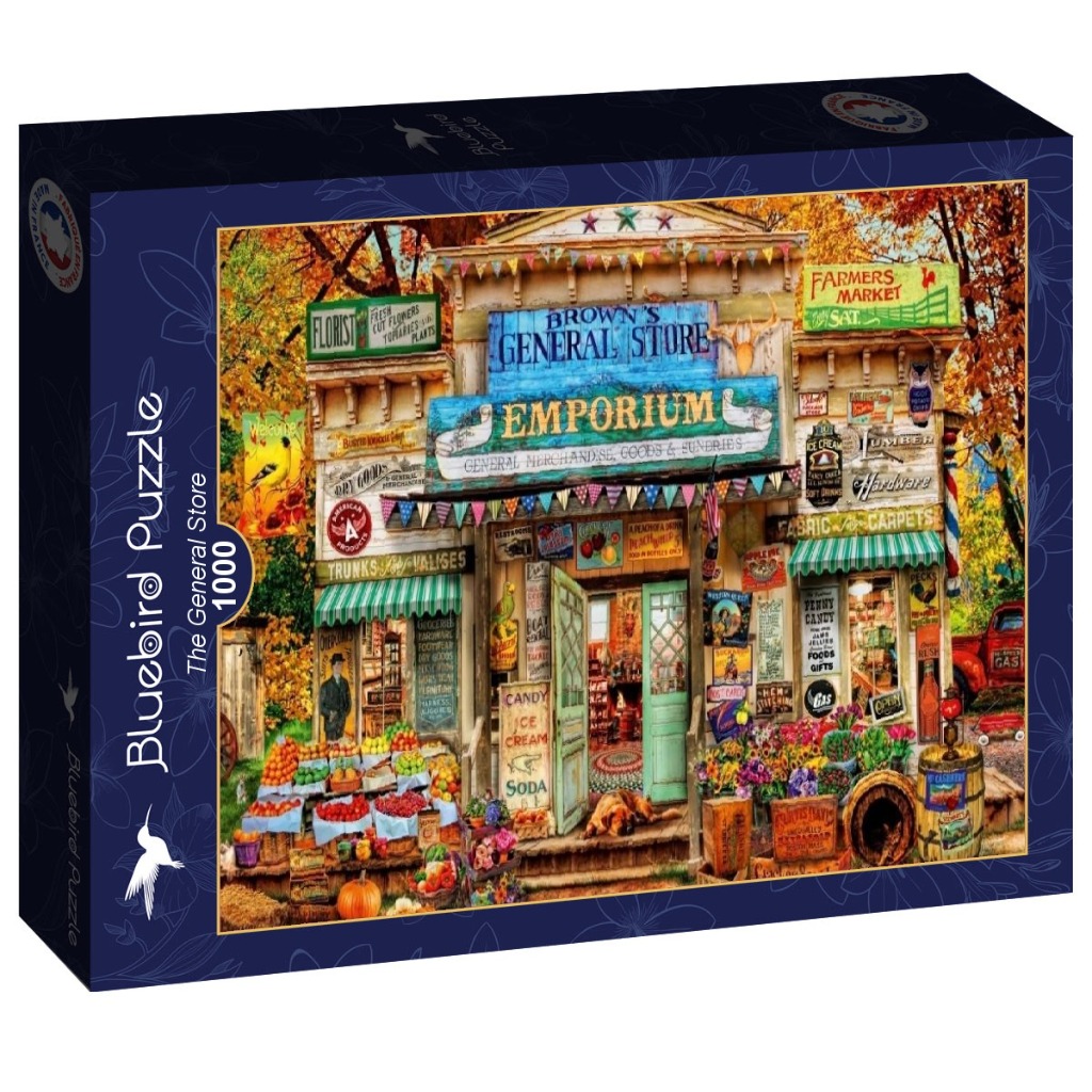 An illustration of an old-fashioned country general store surrounded by autumn foliage and market goods.