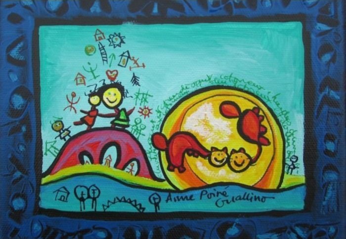 Child-like painting featuring two figures on a hill, a large sun, and various symbols against a turquoise background.