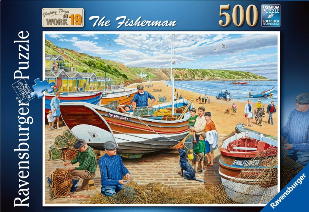 A nostalgic seaside scene showing fishermen working on their wooden boats on a sandy beach.