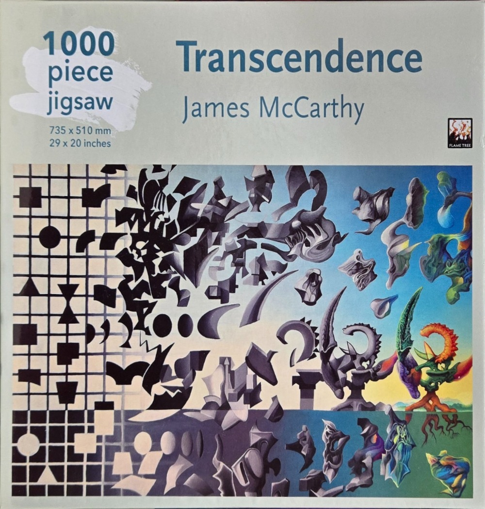 Surrealist painting showing an orderly grid dissolving into fragmented, colorful organic shapes on a gradient blue background