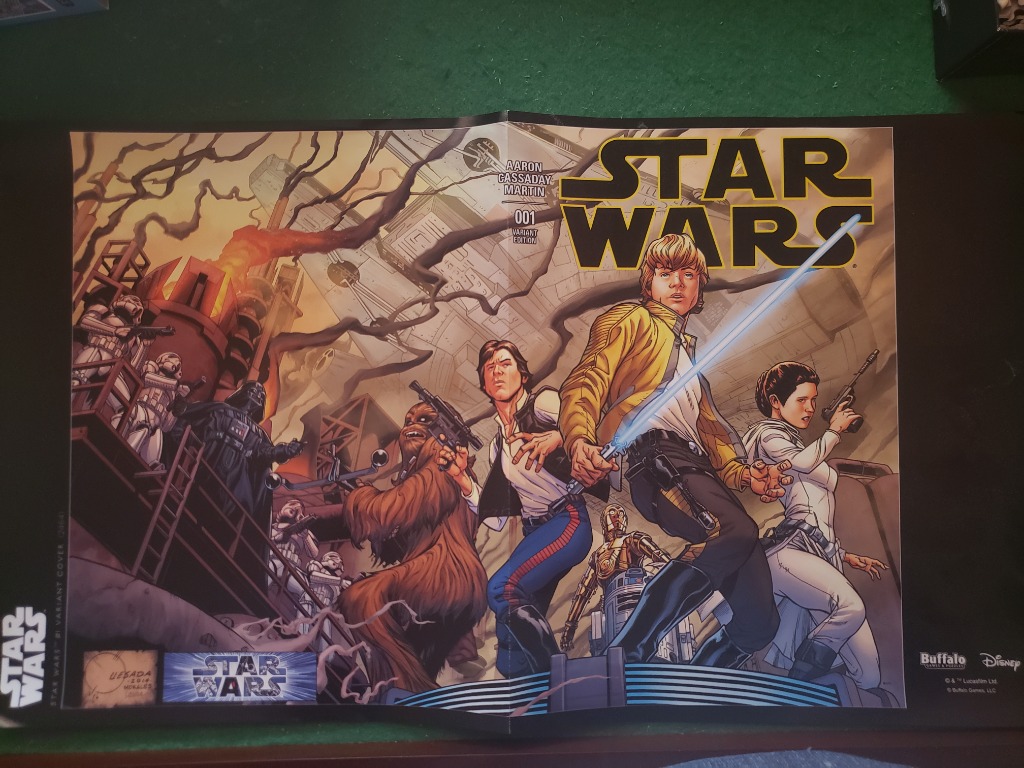 Comic book cover illustration featuring Luke Skywalker, Han Solo, Chewbacca, and Princess Leia in an action scene.