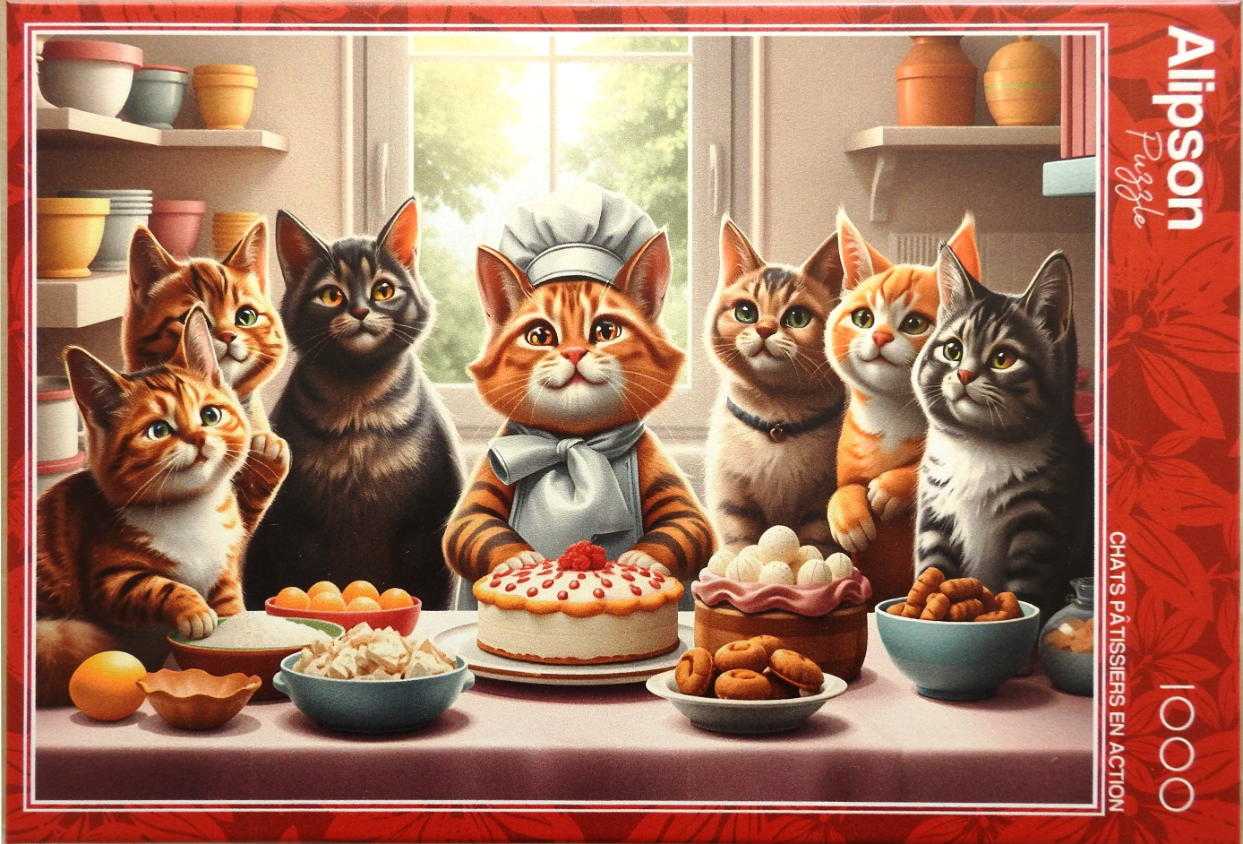 Six cute cats in a kitchen, with the center cat wearing a chef hat, gathered around various cakes and baked goods.
