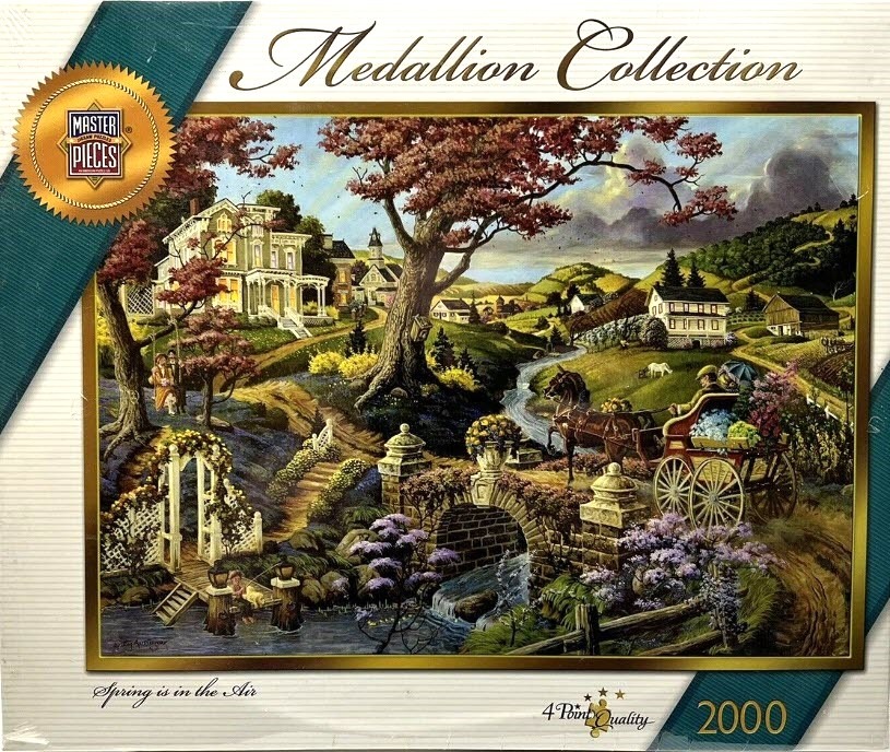 A scenic illustration of a Victorian-era country landscape featuring a horse-drawn carriage crossing a stone bridge.