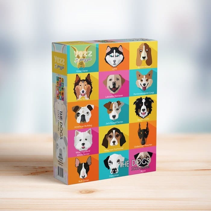 A grid of 15 stylized dog head illustrations in a vibrant, colorful geometric design.