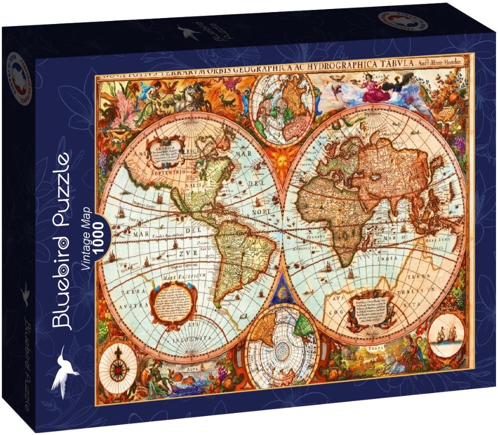 Antique world map illustration with ornate borders and mythical figures.