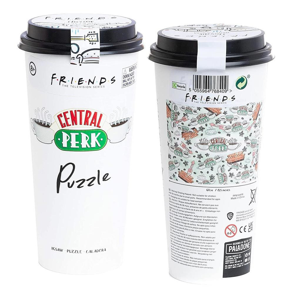 Two white coffee cups with Central Perk branding and illustrations