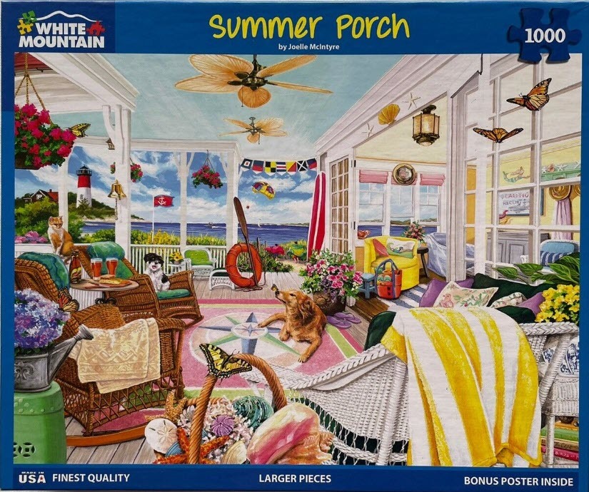 A sunny, coastal-themed porch scene with wicker furniture, two dogs, and a view of the ocean.