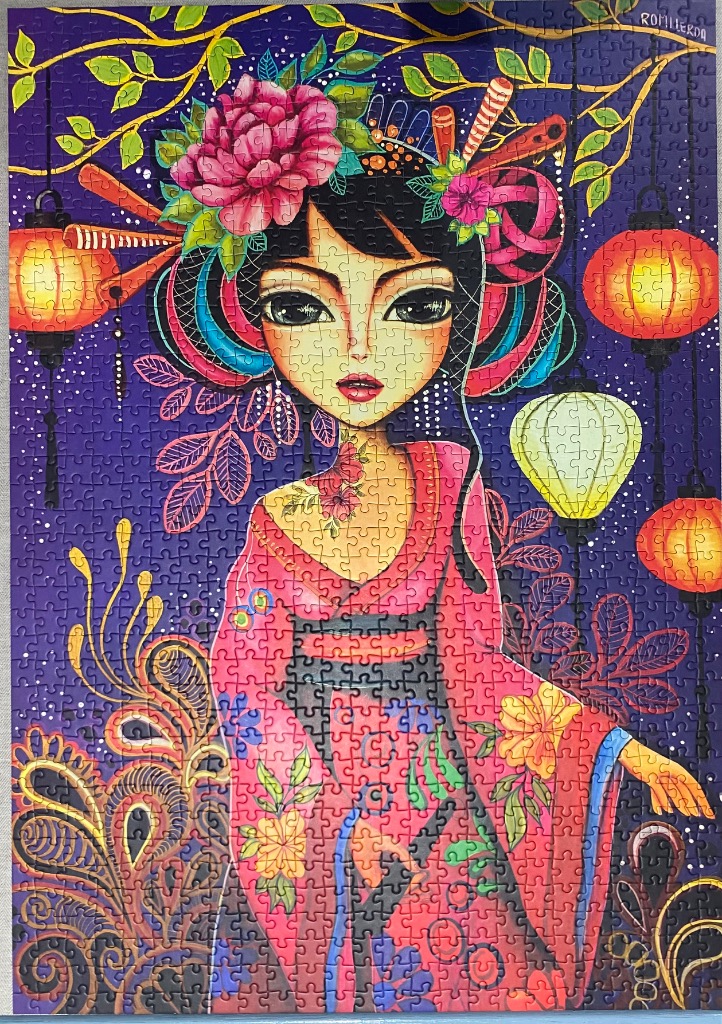 Illustration of a stylized woman with large eyes wearing a floral kimono and hair ornaments in a nighttime garden.