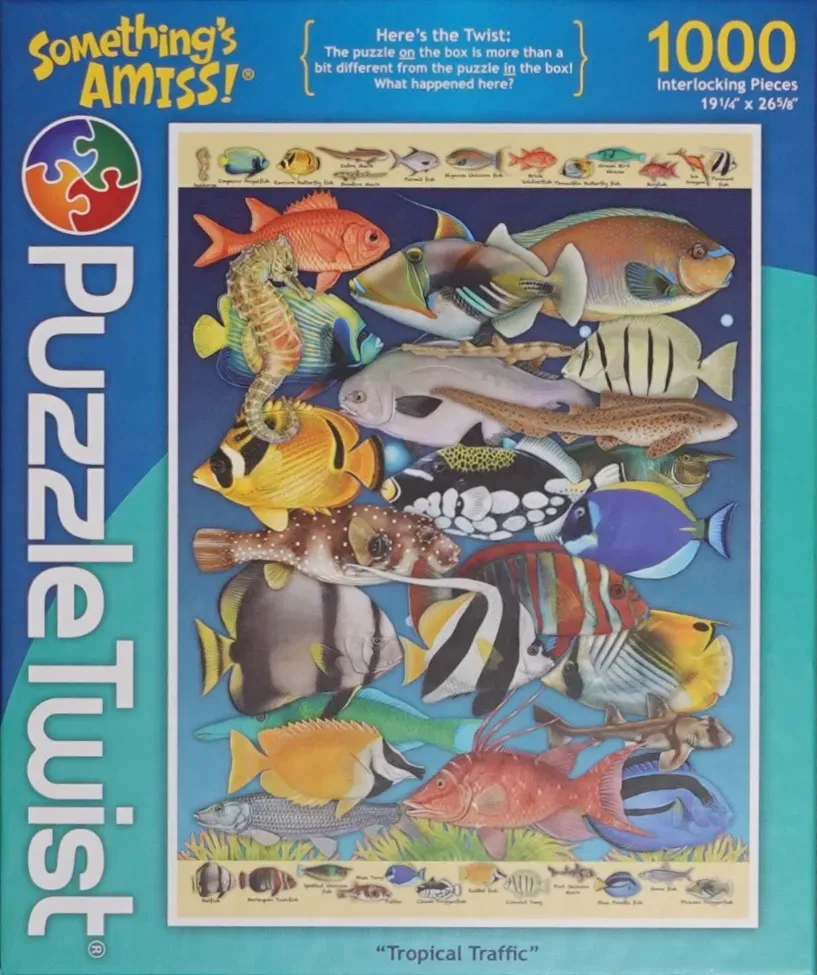 An illustration of many colorful tropical fish packed closely together in a deep blue ocean setting.