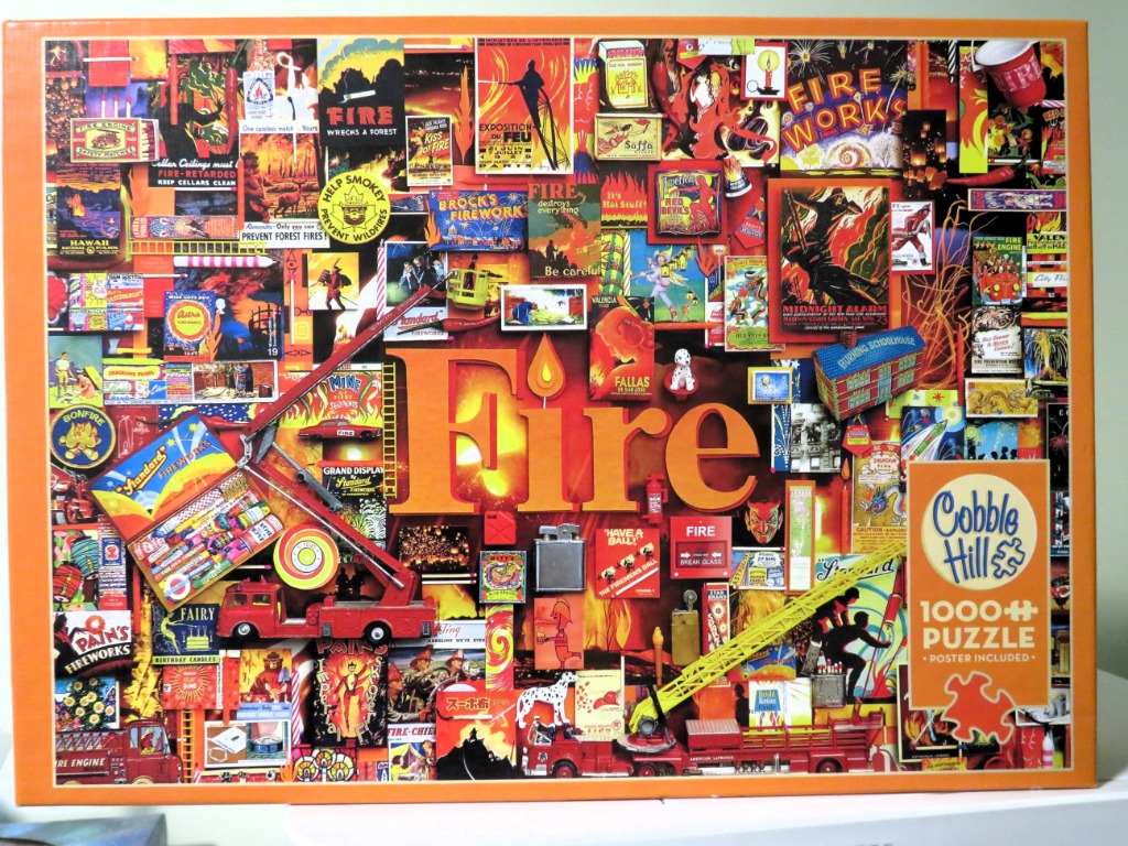 A collage of vintage-style advertisements, posters, and toy fire trucks featuring the theme of fire.