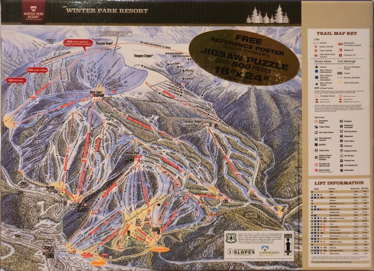 A detailed illustrated winter resort trail map showing mountains, ski runs, and lift systems.