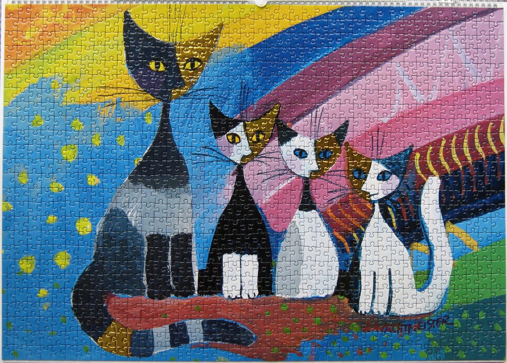 An abstract painting of four cats of varying sizes sitting in a row against a vibrant, geometric background.