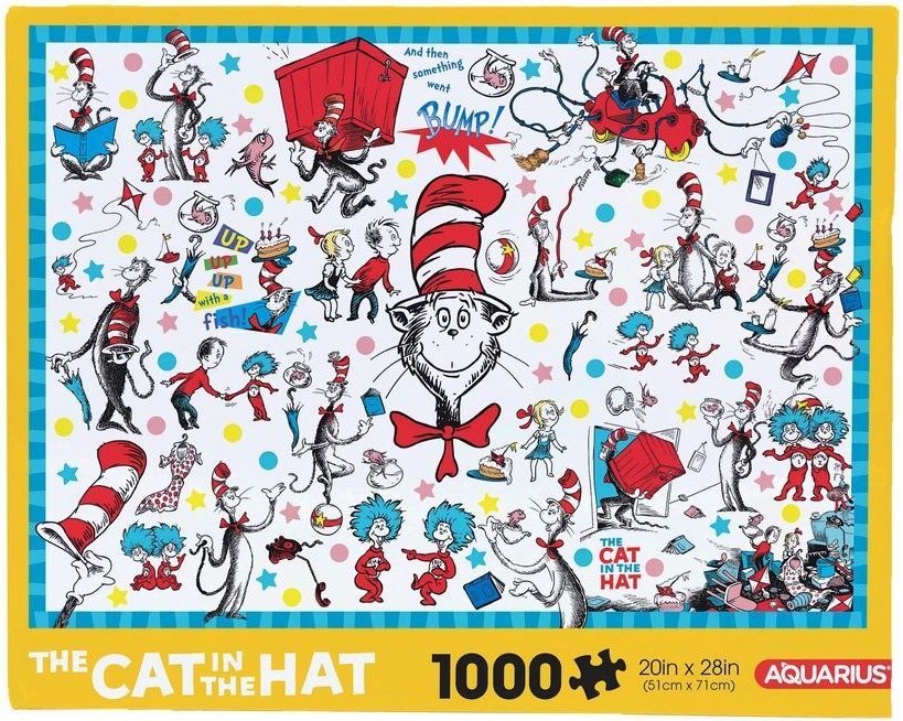 A whimsical collage of The Cat in the Hat characters including Thing 1, Thing 2, and the Cat himself.
