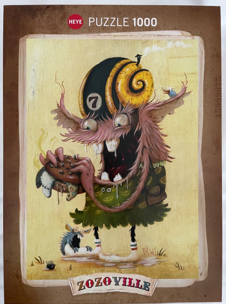 Surreal digital painting of a pink, furry, snail-like monster eating a burger, set against a pale yellow background.