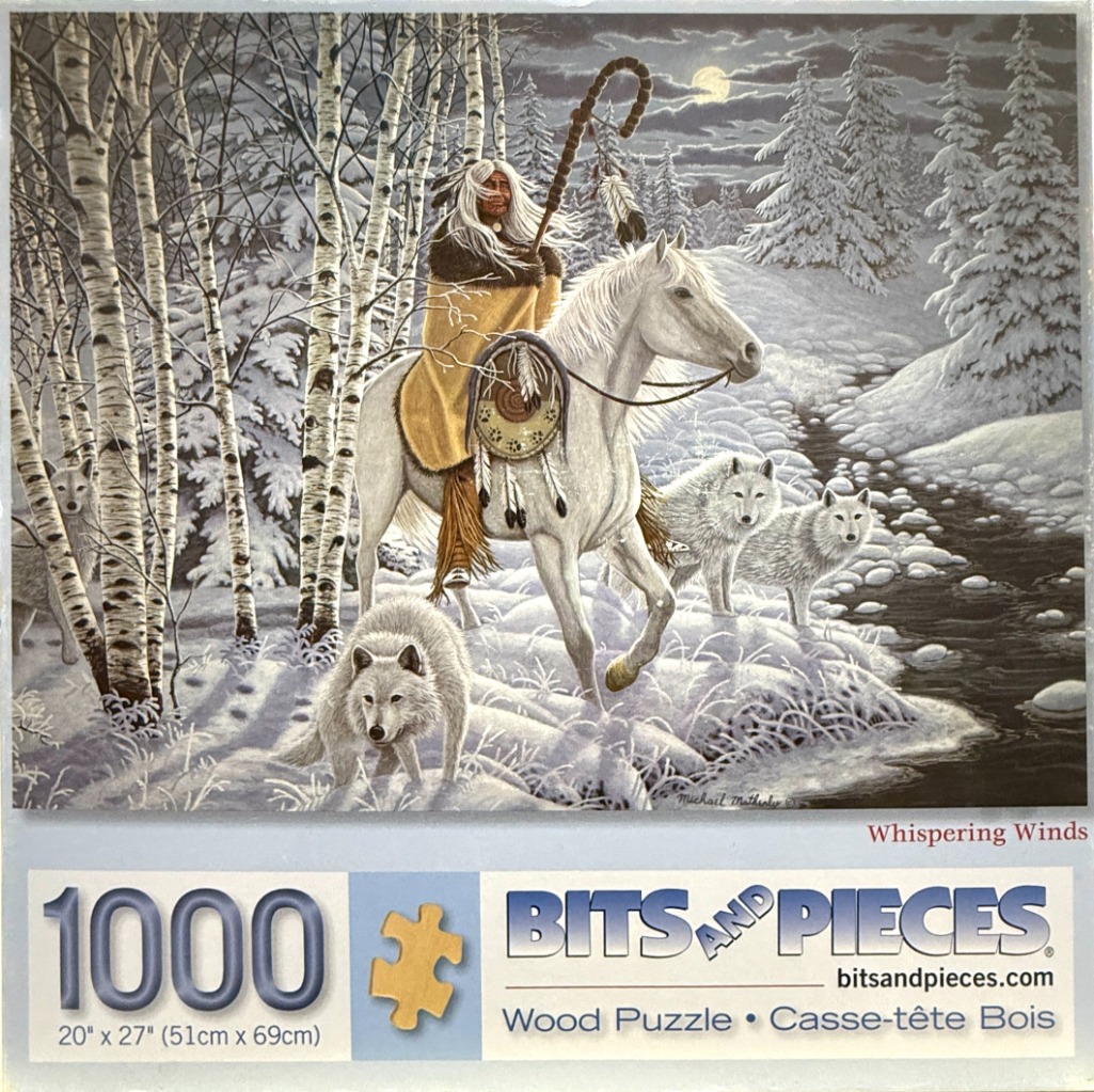 A Native American rider on a white horse surrounded by white wolves in a snowy birch forest at night.