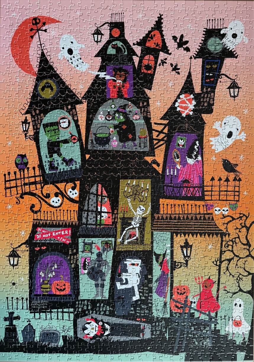 A whimsical illustration of a spooky haunted mansion at night filled with classic Halloween characters.