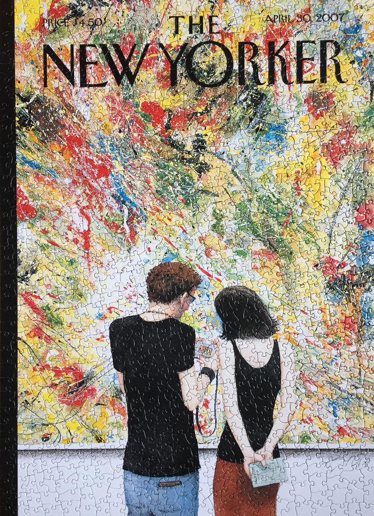 A couple observing a large abstract expressionist painting, styled as a New Yorker magazine cover from 2007.
