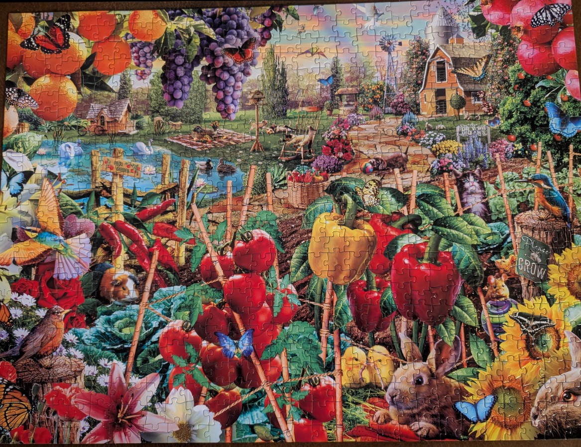 A lush country garden scene overflowing with vibrant produce, flowers, birds, and small animals.