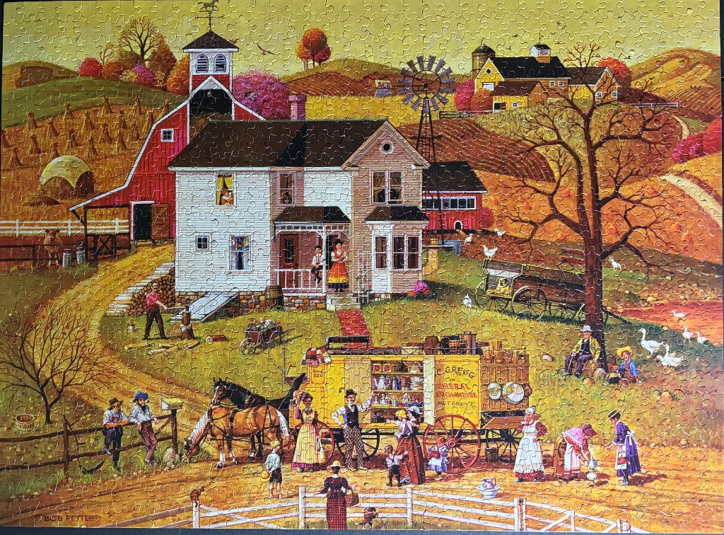 Folk art scene of a rural farmhouse and a traveling general store wagon in autumn.