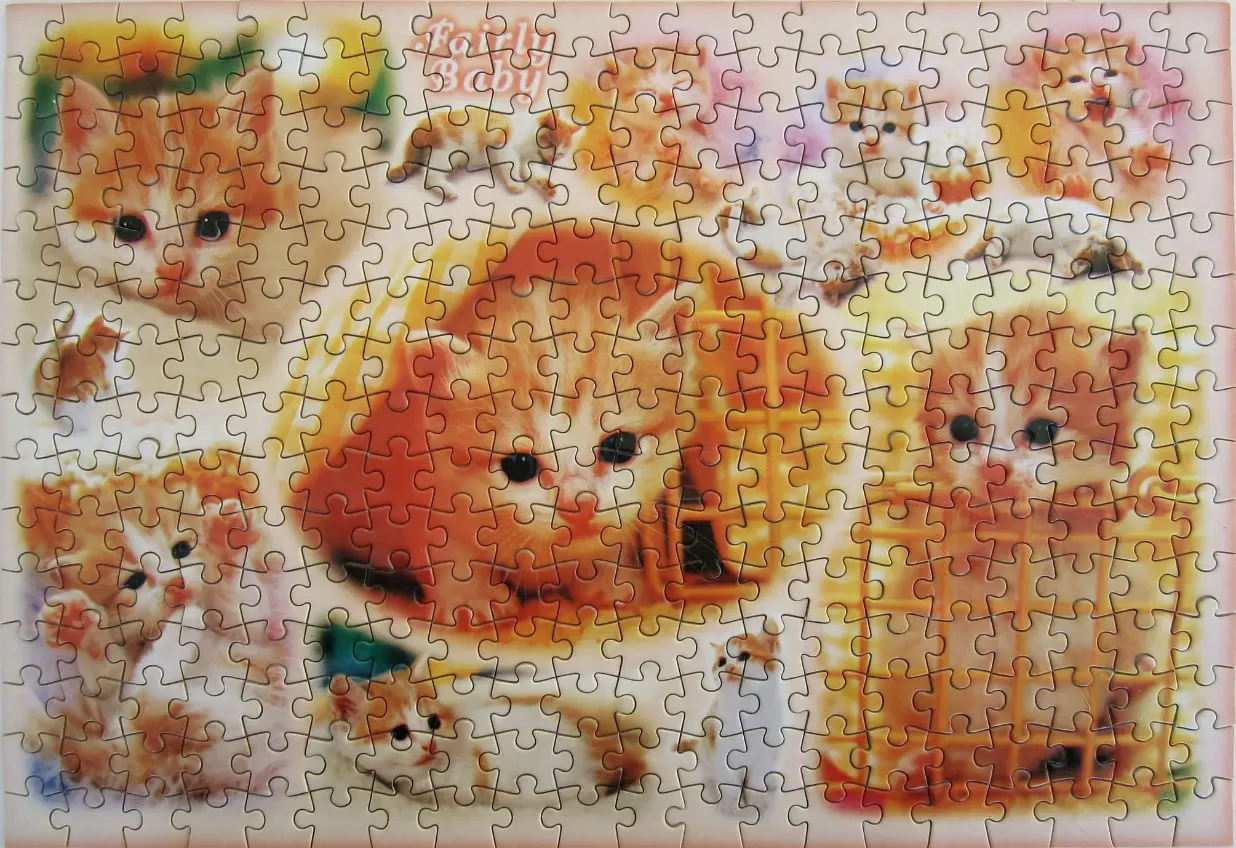 A collage of multiple orange and white kittens in various poses against a soft, pastel-colored background.