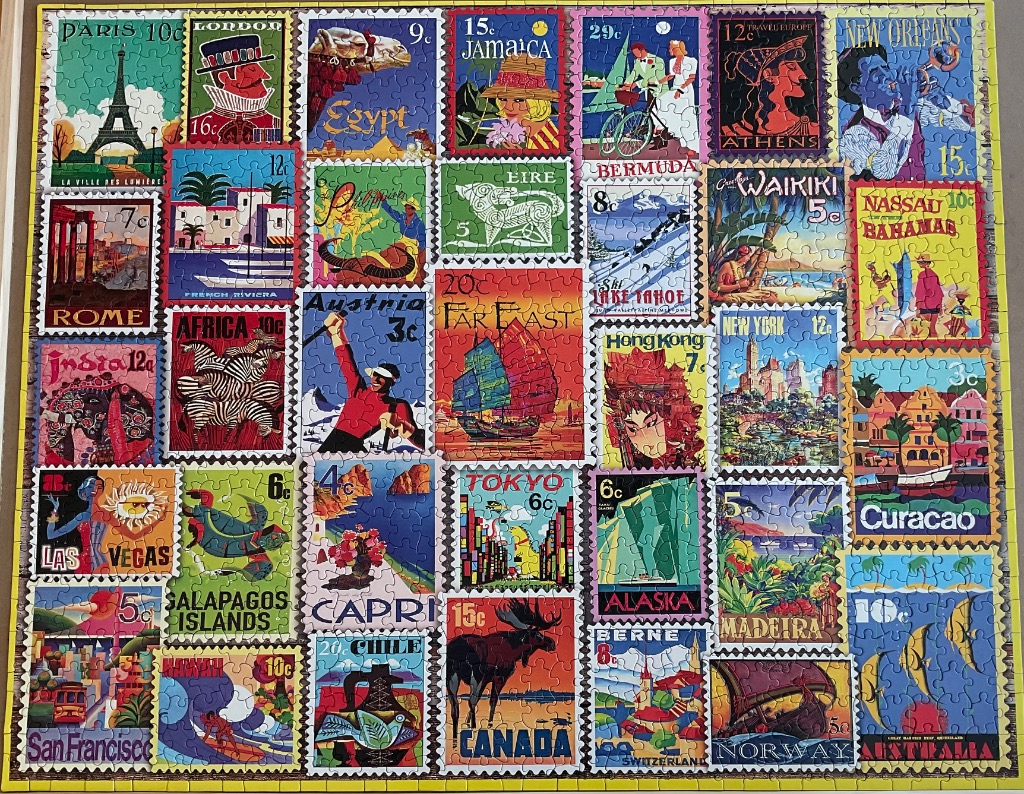 A collage of vintage-style postage stamps depicting various international travel destinations and landmarks.