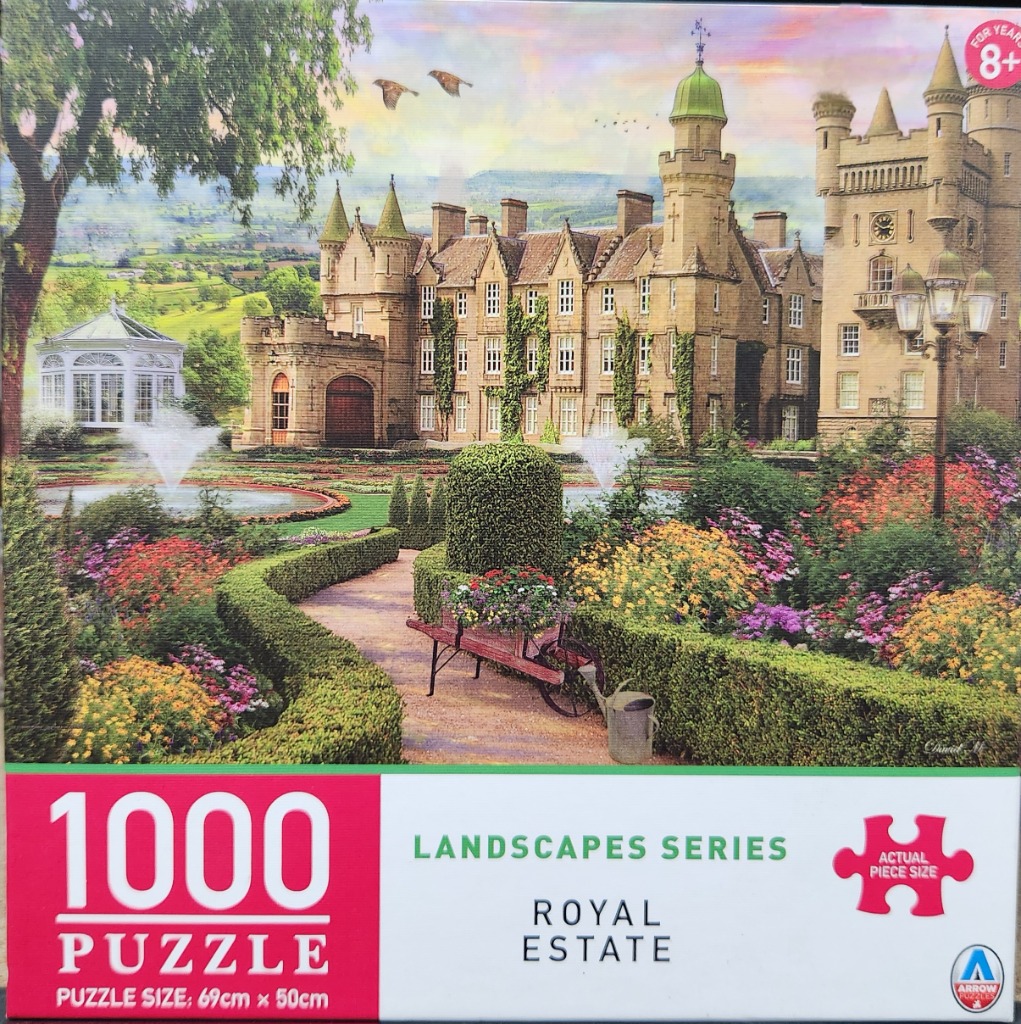 A painting of a grand stone castle with manicured gardens, fountains, and a flower-filled wheelbarrow at sunset.