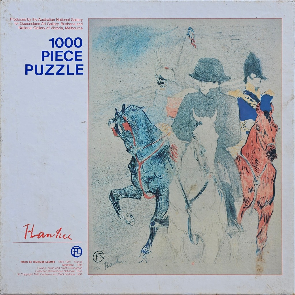A lithograph by Henri de Toulouse-Lautrec depicting Napoleon on a white horse, flanked by two riders on horseback.