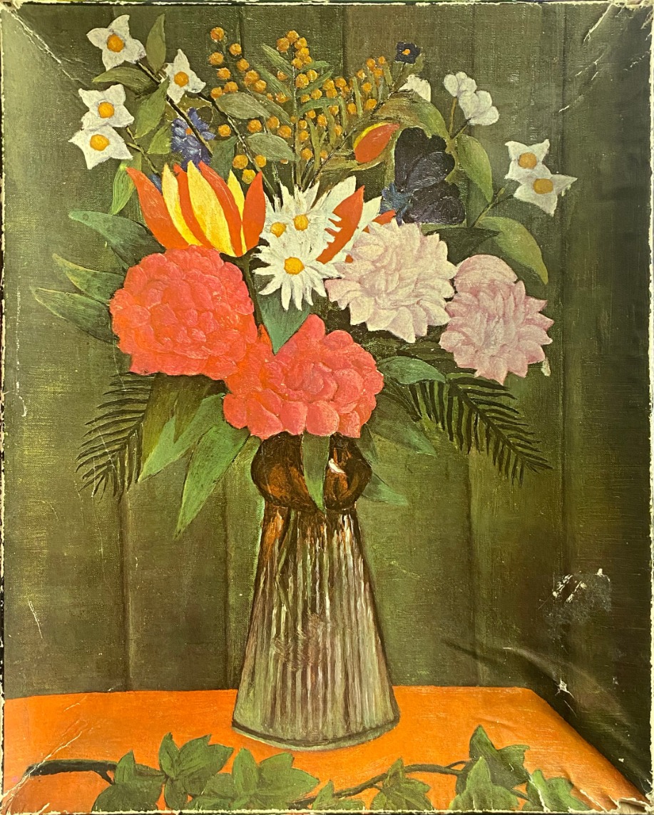 Still life oil painting of a vibrant, multi-colored floral bouquet in a ribbed glass vase on an orange tabletop.