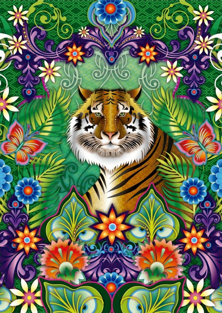 A tiger centered in a symmetrical, vibrant jungle scene filled with flowers, butterflies, and intricate patterns.