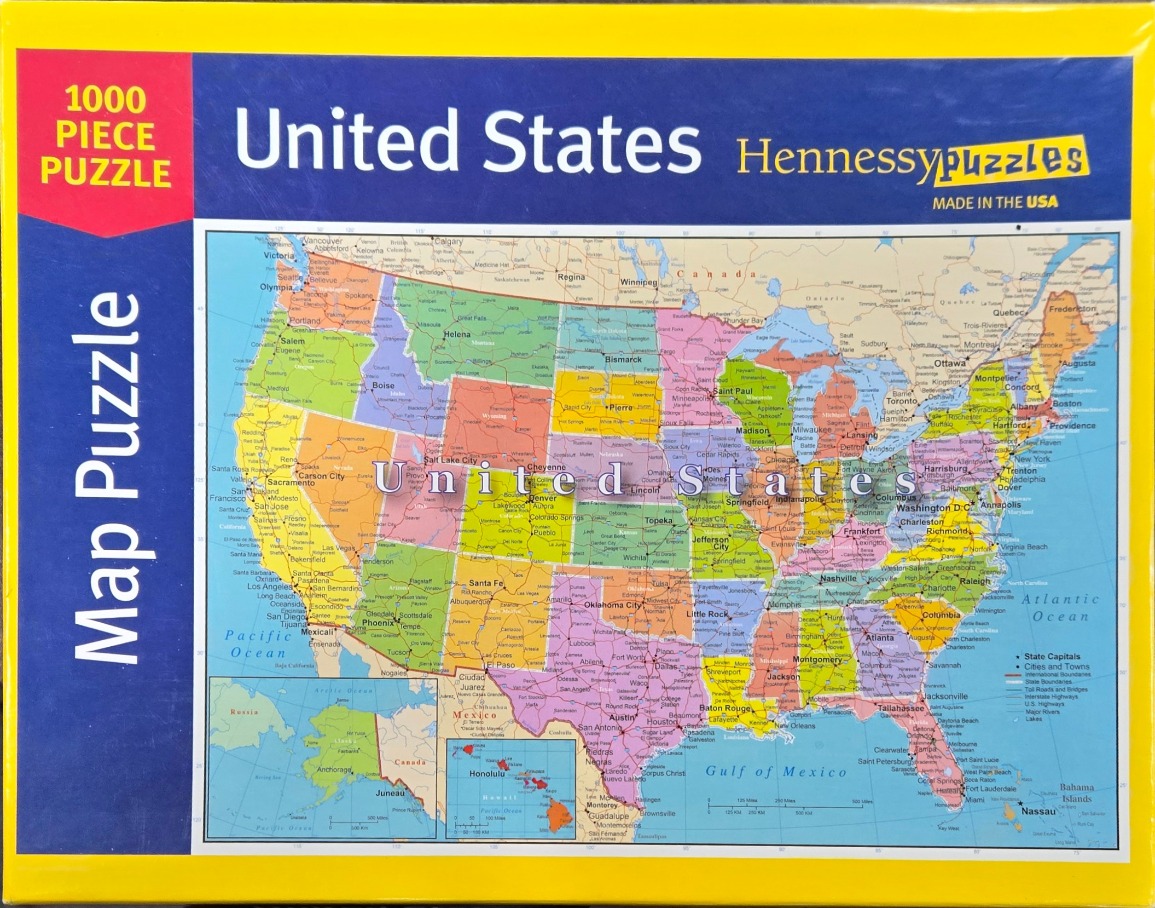 A colorful political map of the United States showing state borders, cities, and major landmarks.