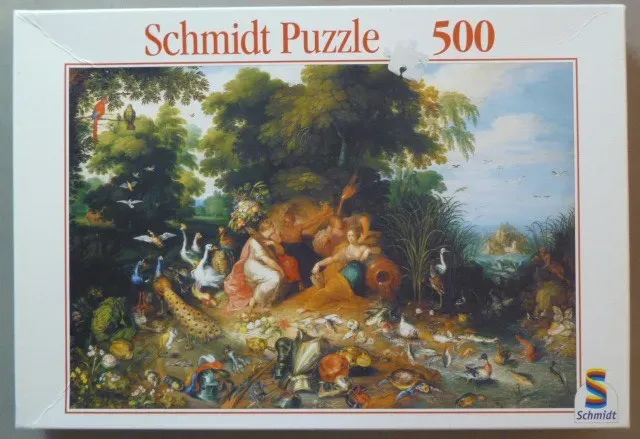 A 17th-century style oil painting featuring allegorical figures surrounded by a vast array of birds and animals.