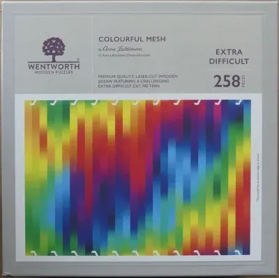 Abstract artwork featuring a vertical pattern of colourful, blurry mesh-like light streaks in a rainbow spectrum.
