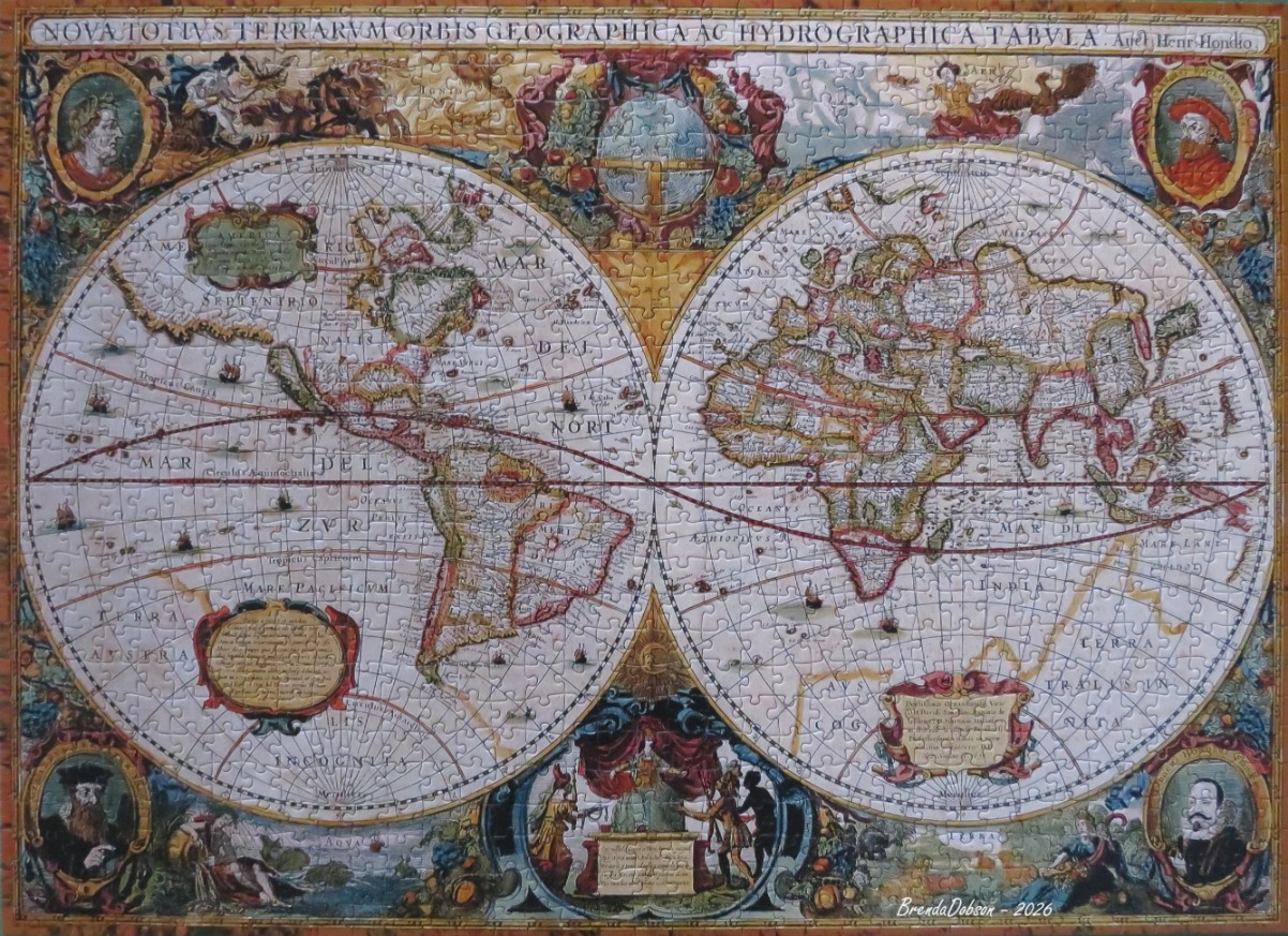 Antique world map illustration with two circular hemispheres and elaborate allegorical border decorations.