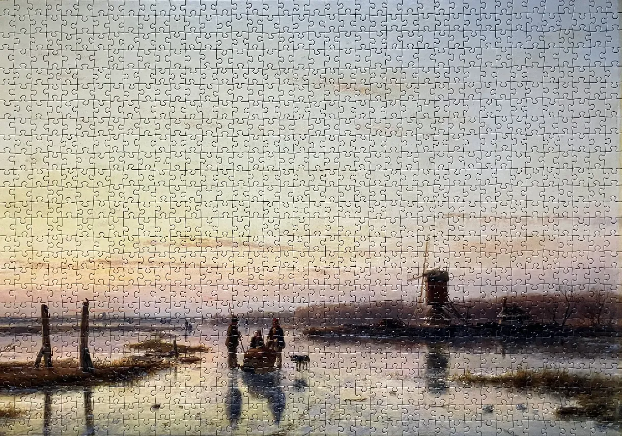 A 19th-century oil painting of figures on an icy canal at sunset with a Dutch windmill in the background.
