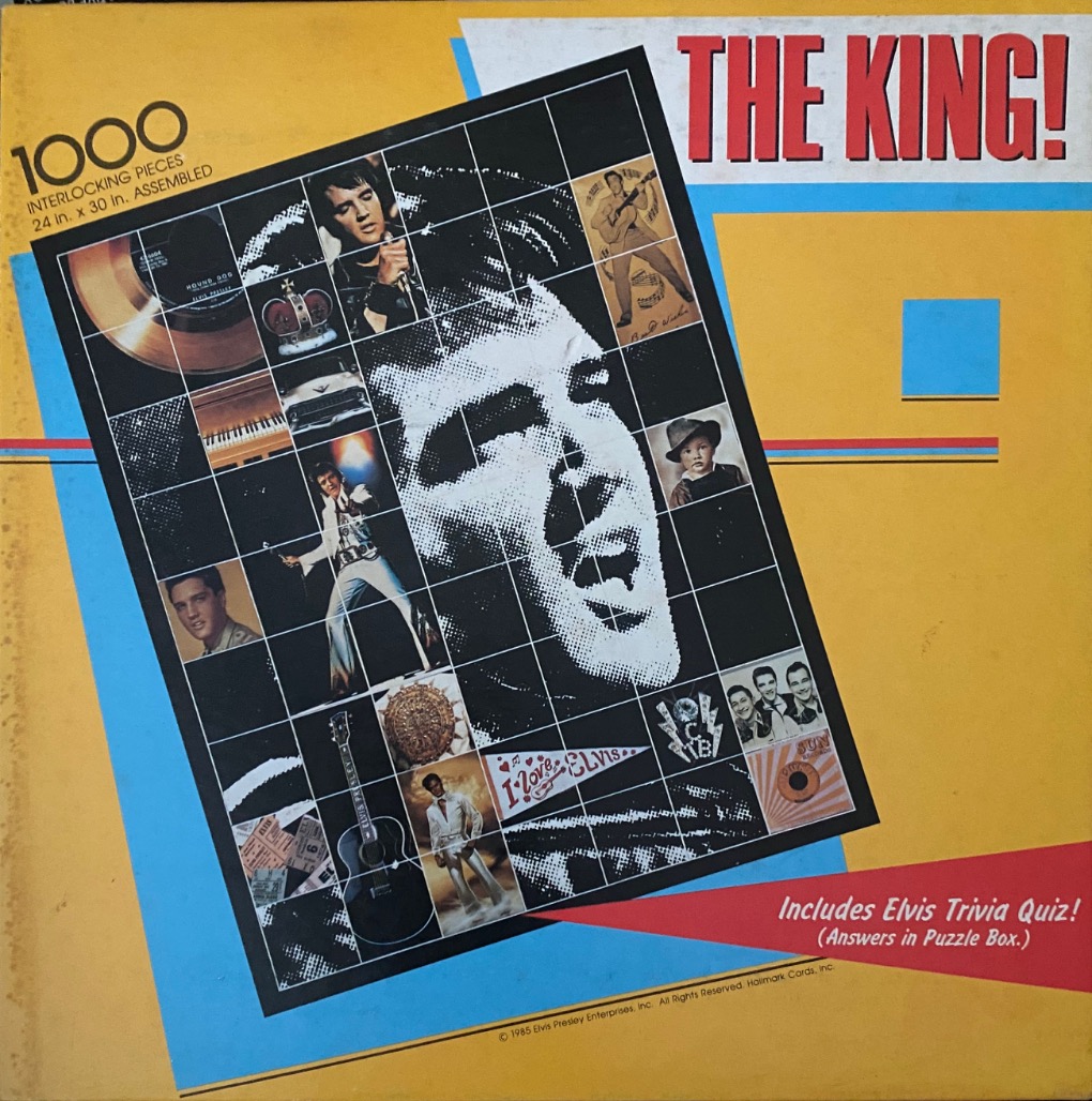 A collage of Elvis Presley imagery featuring a large halftone portrait and various smaller photos and icons.
