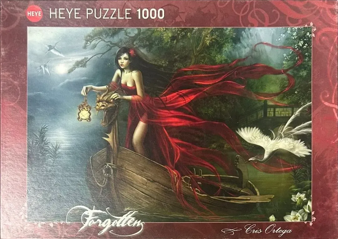 A gothic fantasy illustration of a woman in a flowing red dress holding a lantern in a small wooden boat on a misty lake.