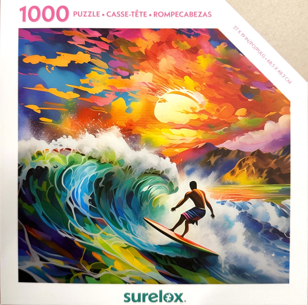 A surfer rides a curling wave beneath a vibrant, multi-colored abstract sunset.