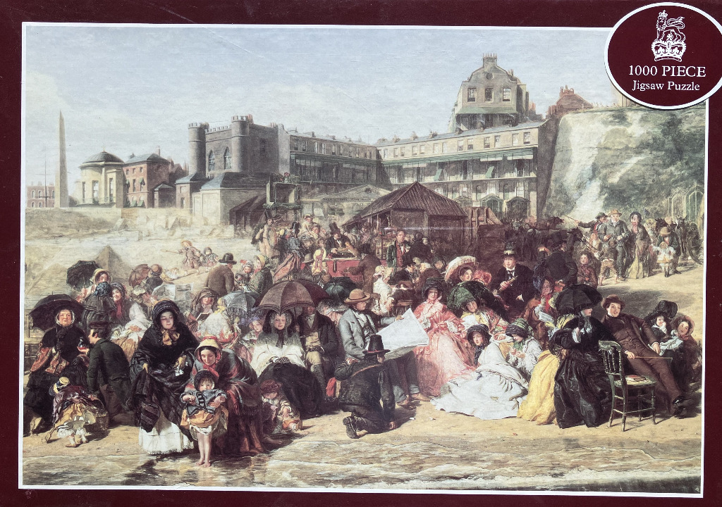 A Victorian beach scene with a large, fashionable crowd in period clothing, painted in an illustrative style.